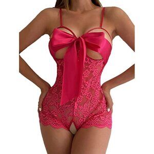 Front Bow Cover Pink Teddy Lingerie One Piece Floral Lace Bodysuit Babydoll NWT